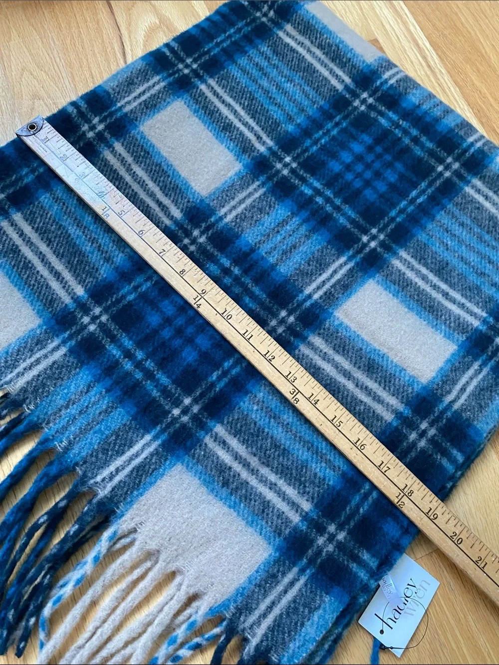 Plaid Fringe Wrap Scarf in Tan and Teal